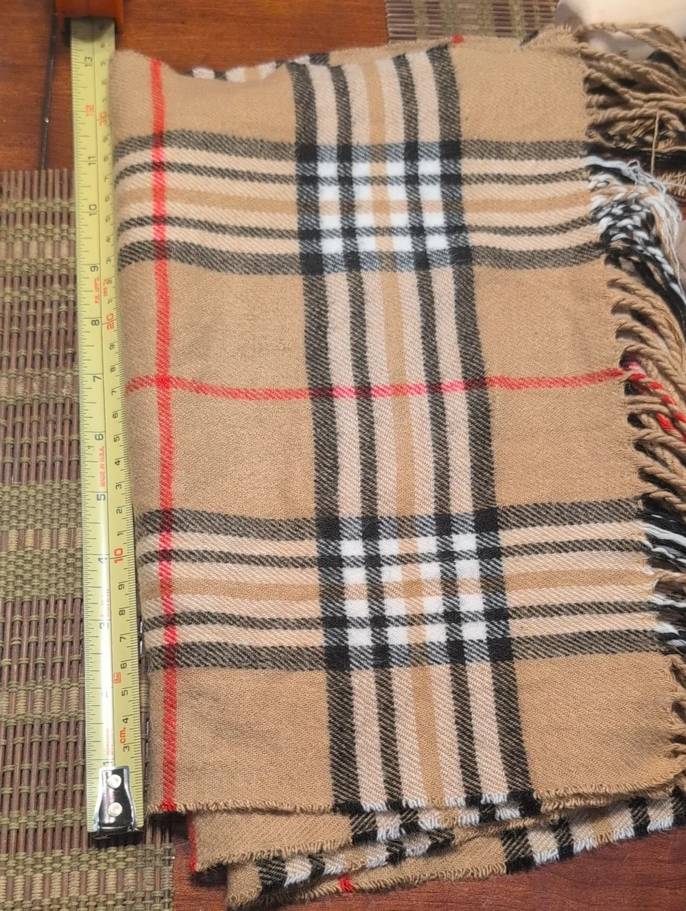 Classic Plaid Fringe Scarf in Camel, Black, White, Red Designer Inspired